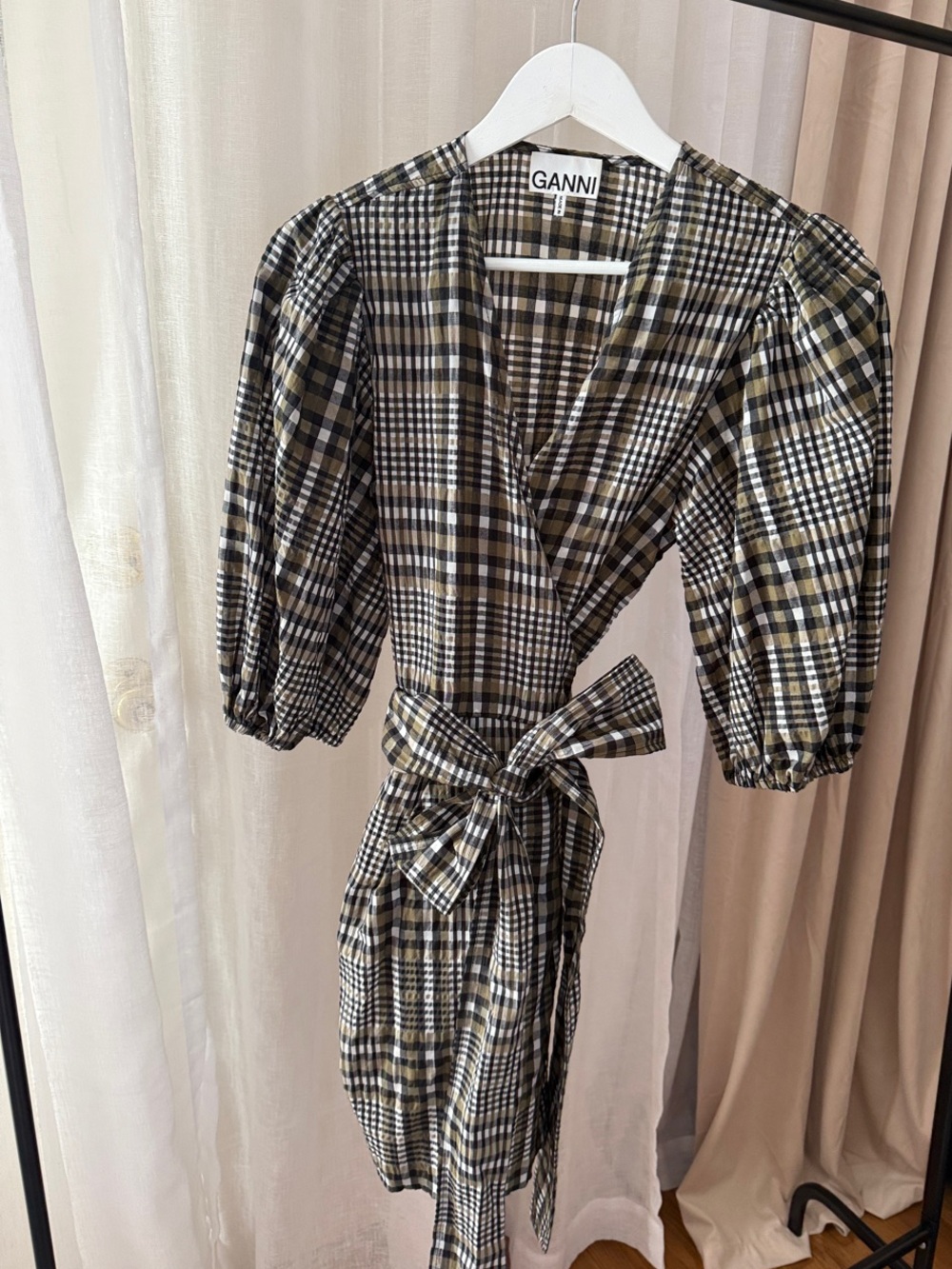 Ganni Black, Green and Cream Plaid Wrap Dress